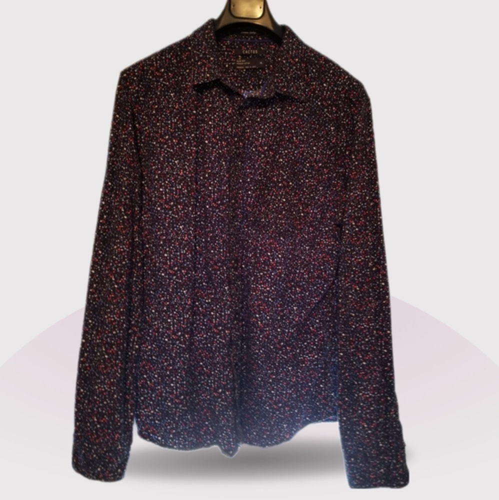 Cactus Polka Dot Long Sleeve Men's Shirt Slim Fit Multi-Colored Dark Blue XL